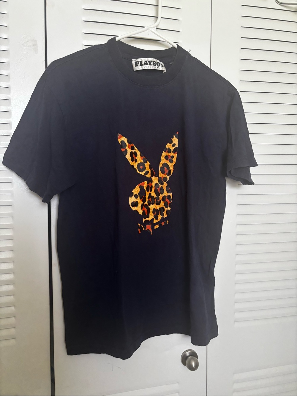PLAYBOY Black Tee with Leopard Bunny Graphic